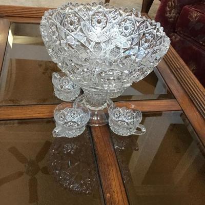 Early Pattern Glass Punch Bowl with cups