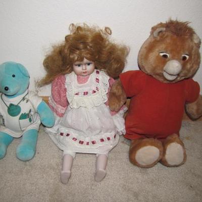 Porcelain Doll & Stuffed Animals