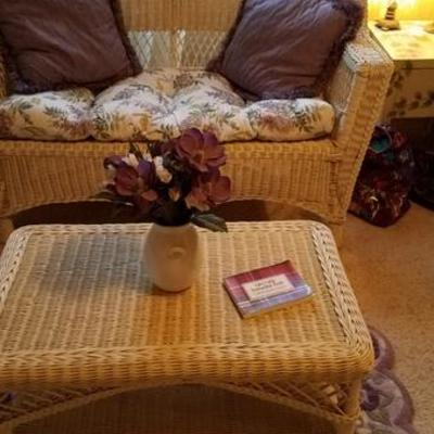 White Wicker Loveseat and Coffee Table
