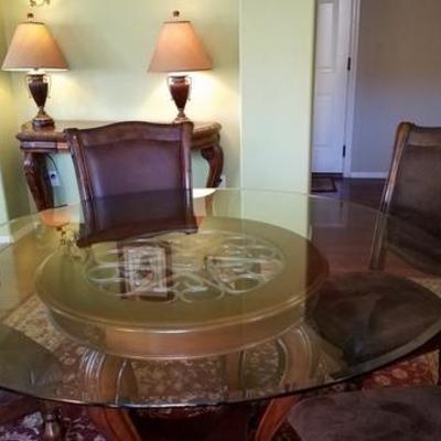 Glass Top and Wood Pedestal Dining Table with 4 Chairs