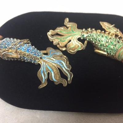 2 Chinese Silver Enamel Articulated Fish