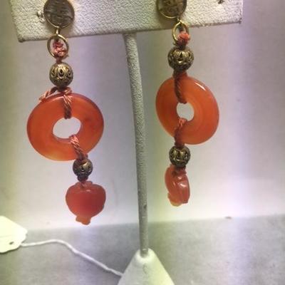 Chinese 14kt Gold Carnelian Earrings