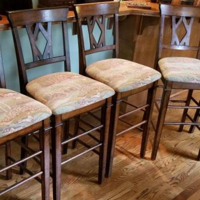 5 wood bar-stools with equestrian print seats