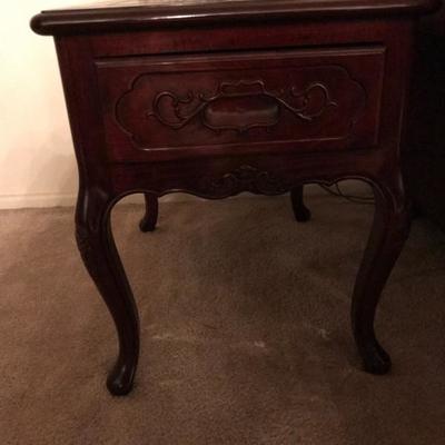 Solid Cherry Single Drawer Lamp Stands w/Hand Carved Detail (18”w x 21.5”h x 24”d)  $360 (pair)
