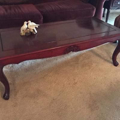 Solid Cherry Cocktail Table w/Hand Carved Detail (48”w x 16”h x 22”d)  $300