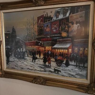 Parisian Winter Scene Print in Ornate Gilt Frame  (37.5”w x 28.5”h - overall)  $100