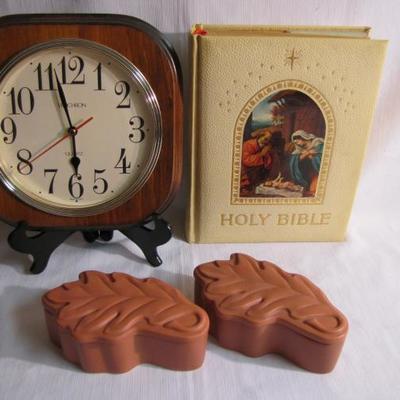 Bible, Clock and Clay Containers