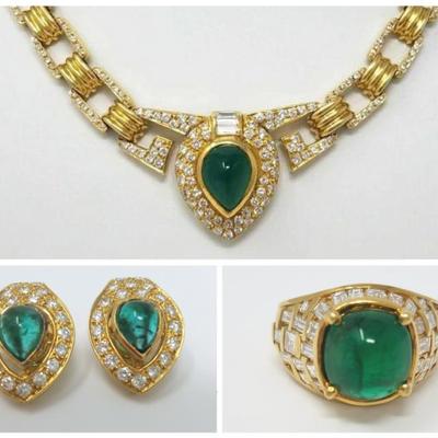 18k Yellow Gold Cabochon Emerald and Diamond Earrings, Ring and Necklace - total appraised value over $40k