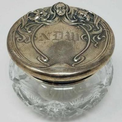 art nouveau sterling cover and heavy crystal box with repousse of lady with flowing hair
