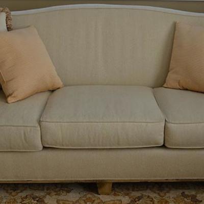 Hickory Chair 3 cushion gold camel back sofa with rolled arms and bun feet
