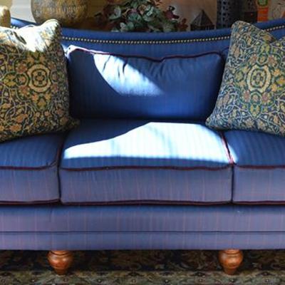 Century Furniture Serpentine Back 3 cushion sofa with rolled arms, nailhead trim and bun feet