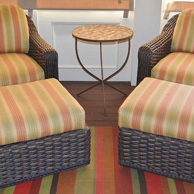 Laneventure pair of patio gliding chairs with striped upholstery and matching ottomans