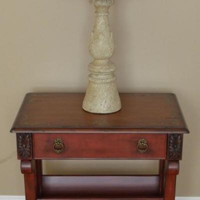 Liz Claiborne red stained accent table with hand painted floral detailing