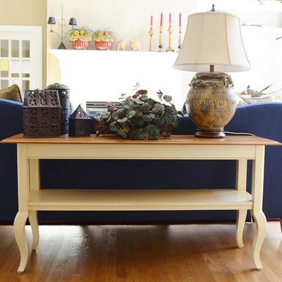 Painted 2-tier console table with sabre legs and natural top