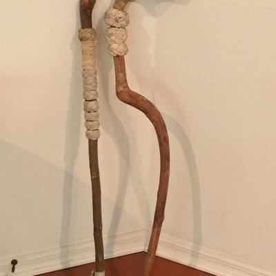 vintage knobby wood walking sticks, canes with turks head knots