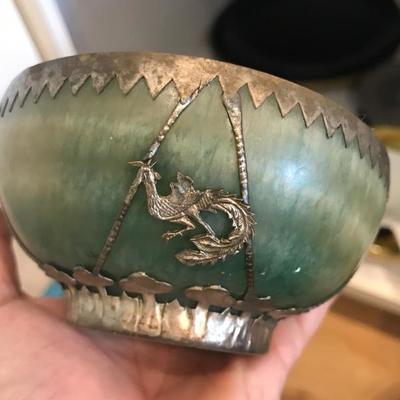 Tibetan Spinach Jade Bowl with Silver Phoenix