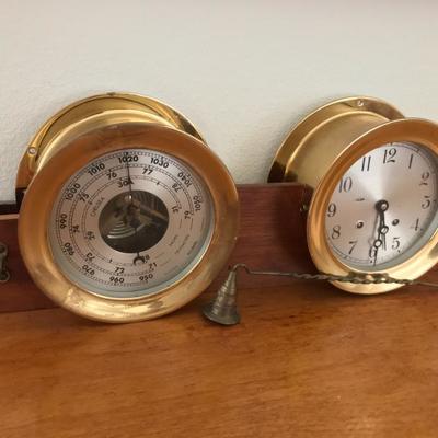 Chelsea Ships Bell Clock & Barometer, original key, custom wood cradle