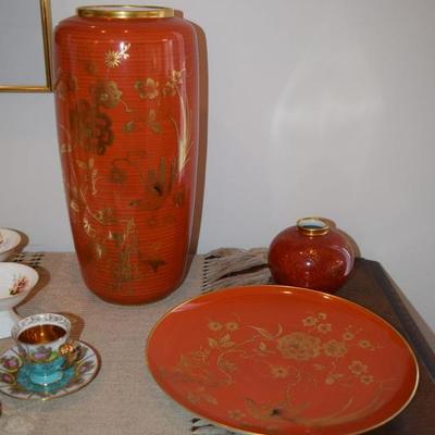 Orange Floral Dish and Vase Set