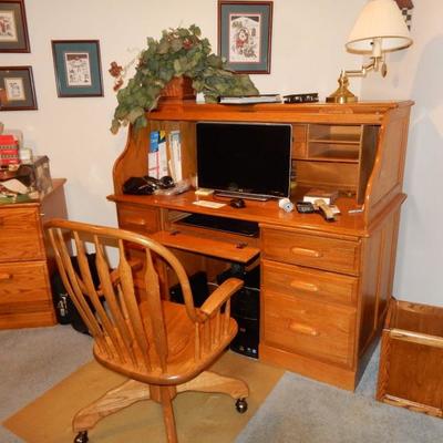 OAK ROLLTOP COMPUTER DESK WITH MATCHING CHAIR AND FILE CABINET