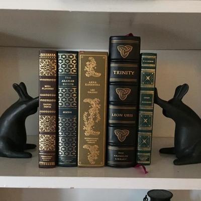 Decorative Rabbit Bookends, Collection of leather-bound classic books