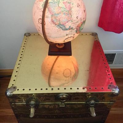 World globe lamp, gold storage trunk