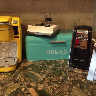 Keurig Coffee Maker, Hamilton Beach Can Opener, Teal Bread Box, Aerolatte Milk Frother