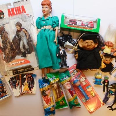 Vintage toys and collectibles: Hamilton Collection I Love Lucy 'Lucy Ricardo' doll, miniature Hess Fire Truck, Wishnik Troll Dolls, Alien...