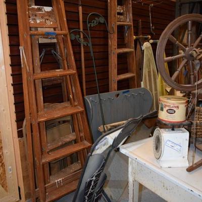 Wood ladders, plant hanger, misc items