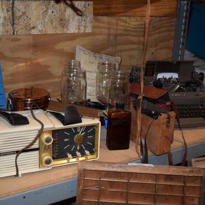 Vintage clock radio, typewriter