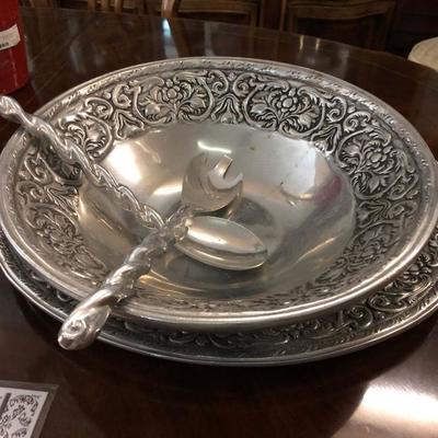 Silver bowl, plate and spoons