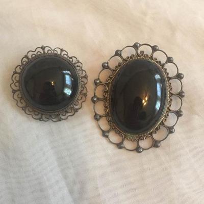 Onyx and Sterling Silver Brooches