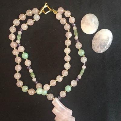Pink Agate with Green Jade Necklace and Earrings