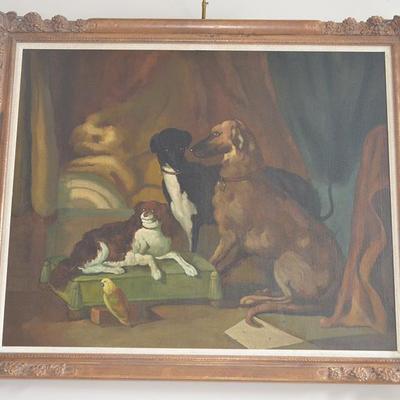 Large Antique style portrait of dogs and parakeet