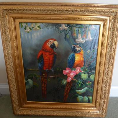 Prestige Arts original oil painting of macaw parrots in ornate gilt frame