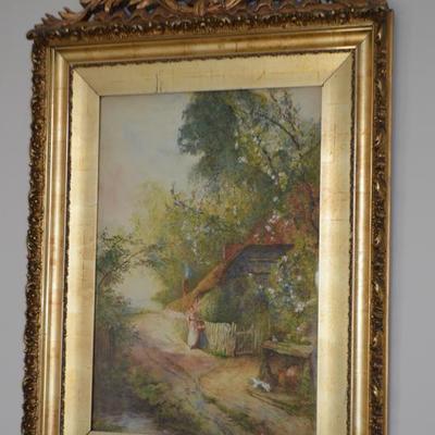 Antique pastel drawing of country lane in elaborate water gilt frame