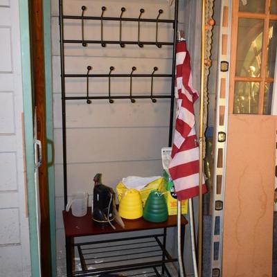 Coat rack with shelves, lawn care materials