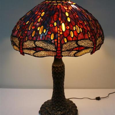 Exceptional Tiffany Inspired Dragonfly Lamp. This quality reproduction was handcrafted using the Tiffany methods first developed by Louis...