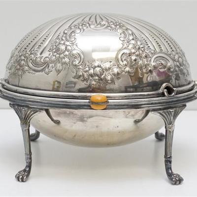 Antique c. 1915 Ornate Silver Plated Atkin Brothers, Sheffield Rolltop Warming / Serving Dish. The server with round lid and butterscotch...