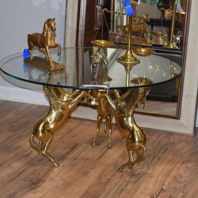 Round Glass Coffee Table W Brass Horses