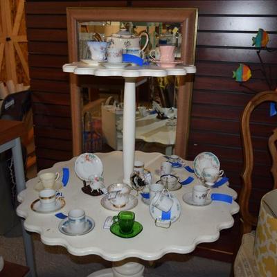 2 Tier Side Table and Tea cups and Saucers