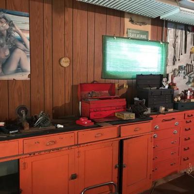 Vintage snap on tool box and great garage cabinets