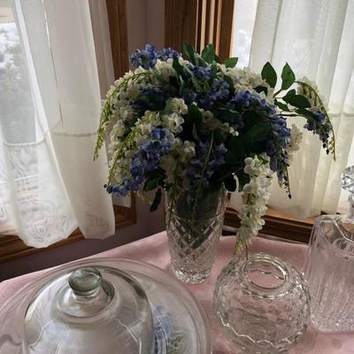Glass Vase, Artificial Flowers, & Glassware