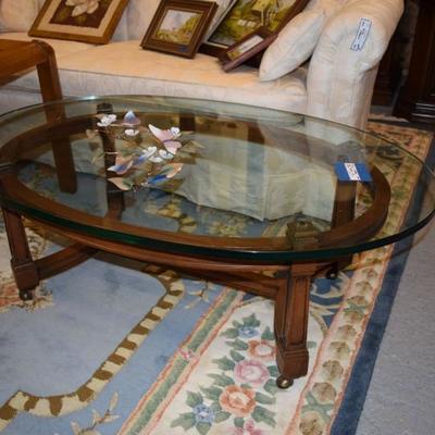 Oval Glass and Wood Coffee Table