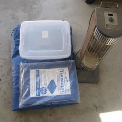 Heater, Two Tarps, and Container