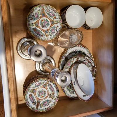 Canton Rose full set for 12 plus  many fine serving pieces, gold-edged.  Made in China.