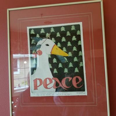 singed John Burnett Peace Goose original framed art on paper