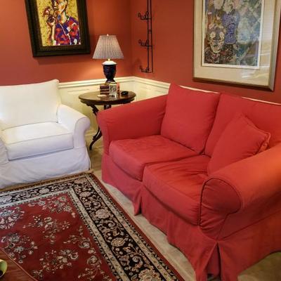 Ballard Designs Vintage Vogue with both red and white slipcovers for both love seat and large chair, very clean.