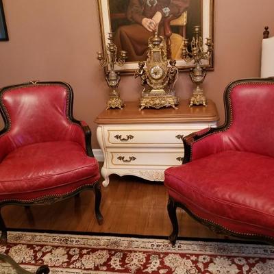 Pair red Bergere leather chairs, Horchow, normal wear for age, some minor scratches (can be retouched) on leather, no tears.