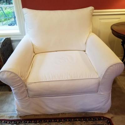 Ballard Designs Vintage Vogue wide chair, with alternate red slipcover as well as white.