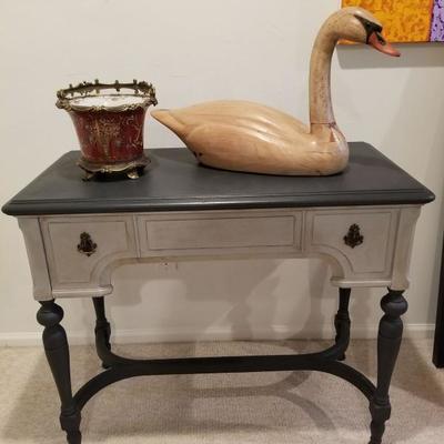 Tom Tabor rare large folk art trumpeter swan, signed, cache pot and lovely grey chalk painted table.